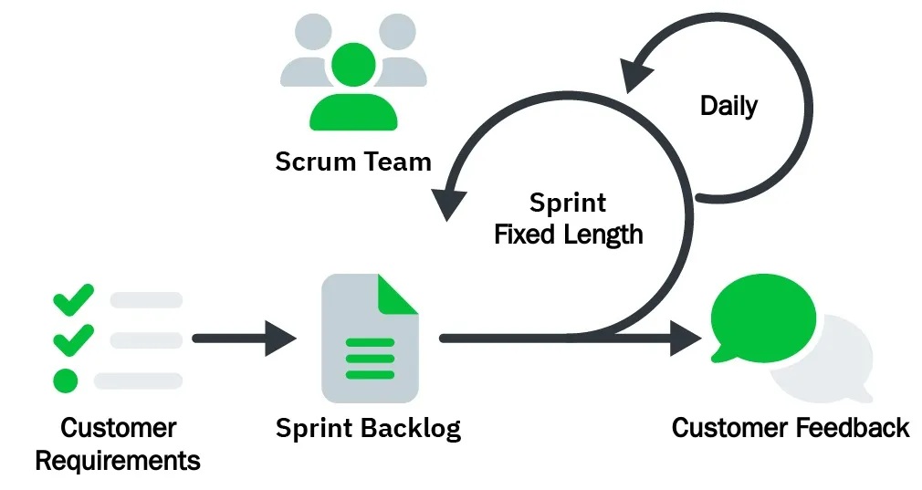 Graphic describing the Scrum cycle: customer requirements feed into the sprint backlog; the Scrum team works through the backlog in daily, sprint-long loops, incorporating new customer feedback each time.