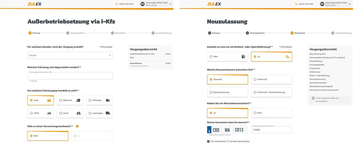 Screenshots zweier Benutzeroberflächen der Anwendung ZULEX.