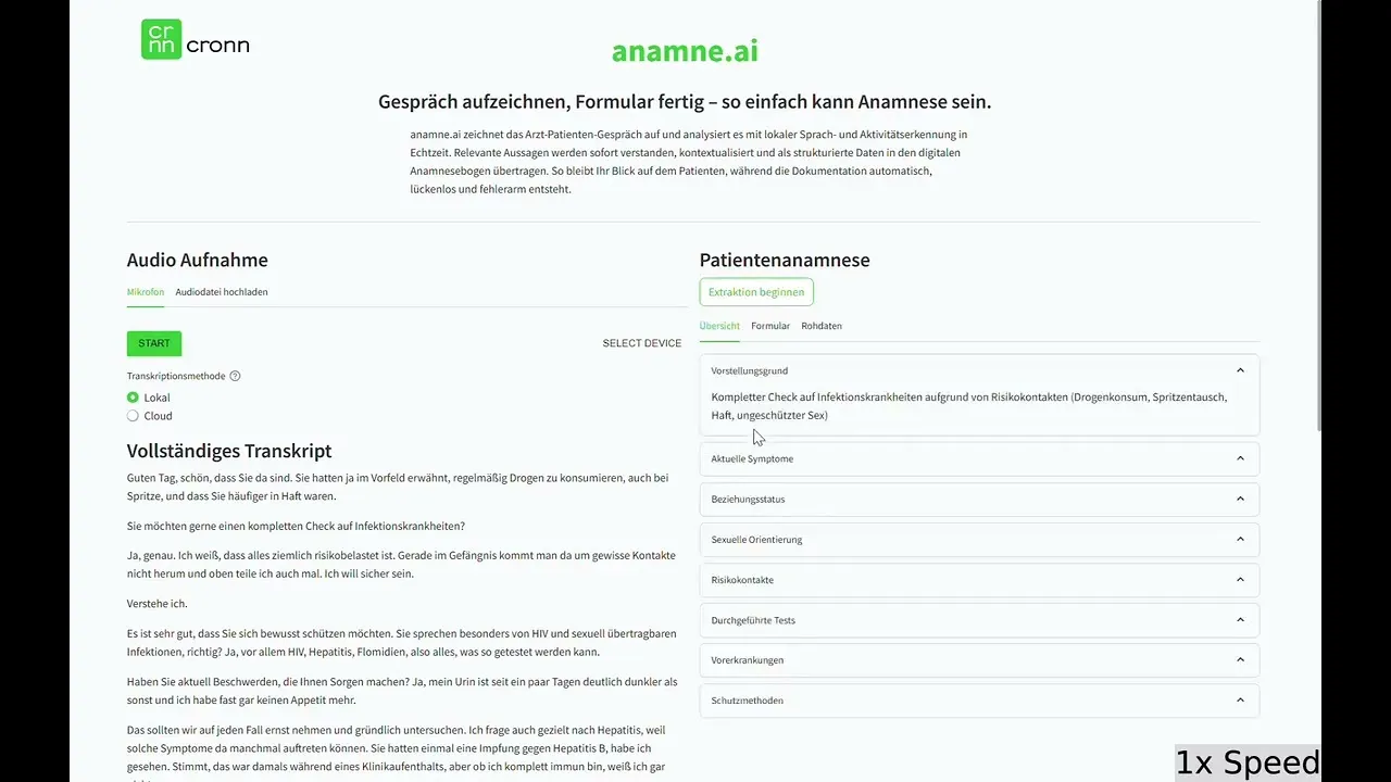 Ansicht der Speech to Anamnese Software